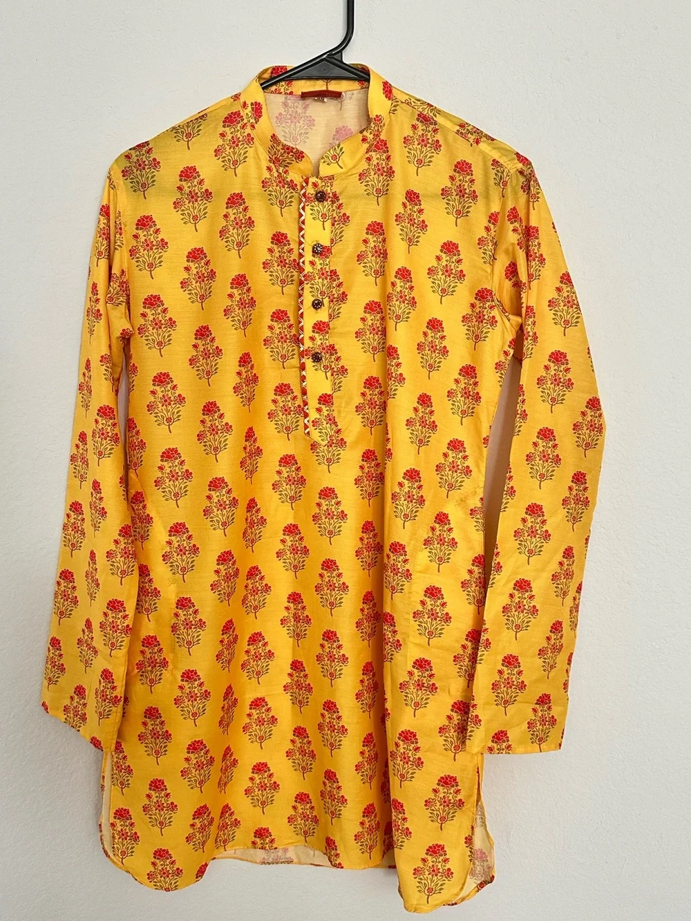 Boys mustard muslin digital floral print kurta for festive ethnic diwali navratr